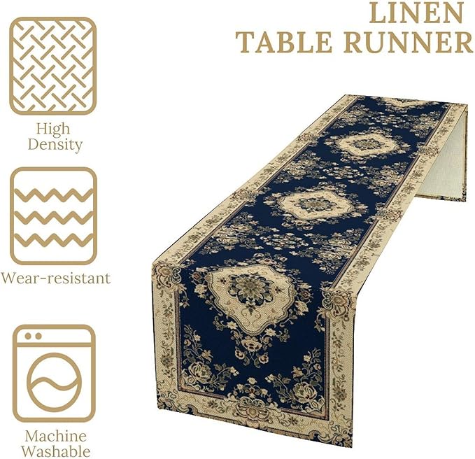 Vintage Elegant Farmhouse Table Runner Blue Beige Flower for Home Farmhouse Kitchen Table Dining Coffee Room Garden Party Wedding Decor 13x90in