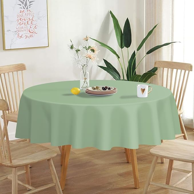 QIKSION Sage Green Round Tablecloth 2 Pack, 84 Inch Plastic Table Cover Disposable for Parties