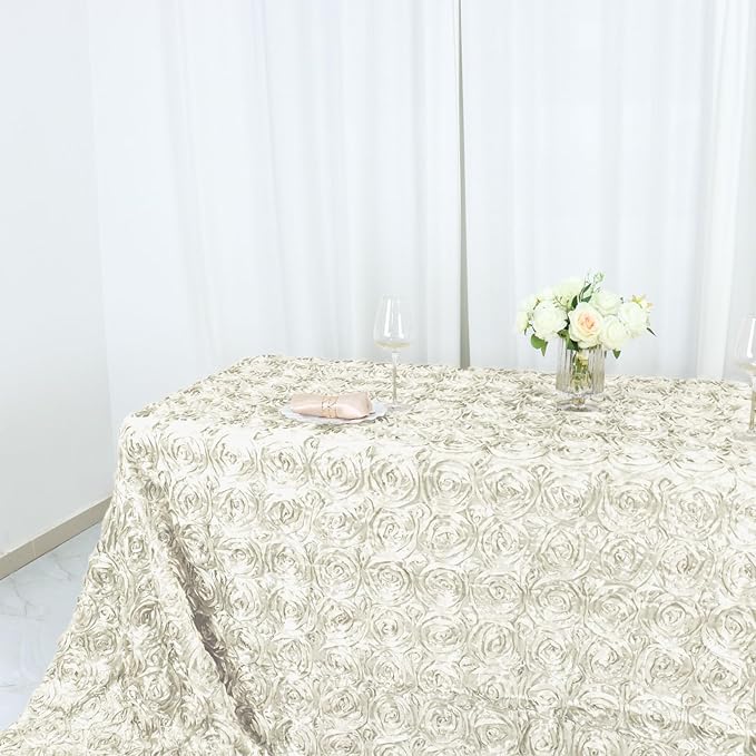 Efavormart 90"x156" Wholesale Rectangle Table Cover Ivory Grandiose Rosette 3D Satin Tablecloth for Wedding Party Event Decoration