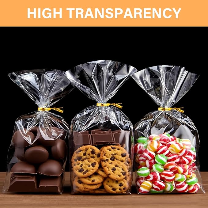 ZHEWTOEN Cellophane Bags, 100 Pcs 4x6 Inch Cellophane Treat Bags with Color Twist Ties, Clear Plastic Goodie Cello Treat Candy Bags for Cookies, Popcorn, Small Gift Wrapping, Party Favors