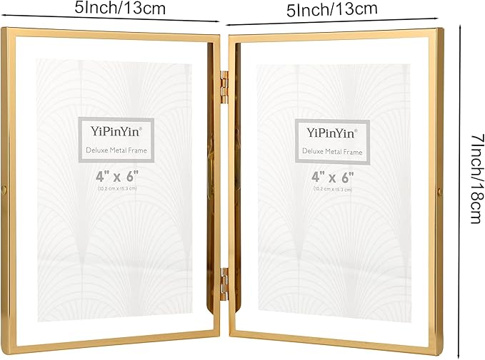 Gold 5x7'' Double Floating Frame For Photo Sizes 3.5 x5'', 4x6'',5x7''Gold Plated Metal double Photo Frames For Counter Shelf Display,Gift Choice for Wedding,Thanksgiving,Home or Office Decor.
