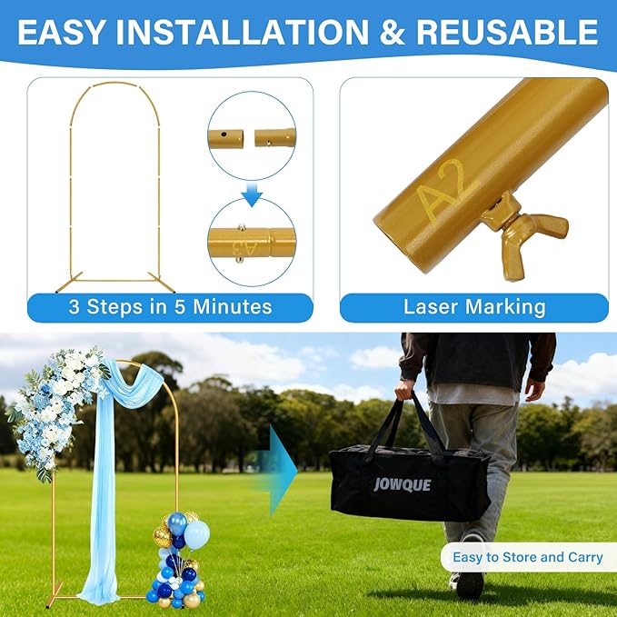 Heavy Duty Metal Arch Backdrop Stand, 6.6FT Stable Gold Arch Stand with Ground Stakes and Water Bags, Balloon Arch Stand for Wedding Party Baby Shower Photo Flower Arch Decration (6.6FT)