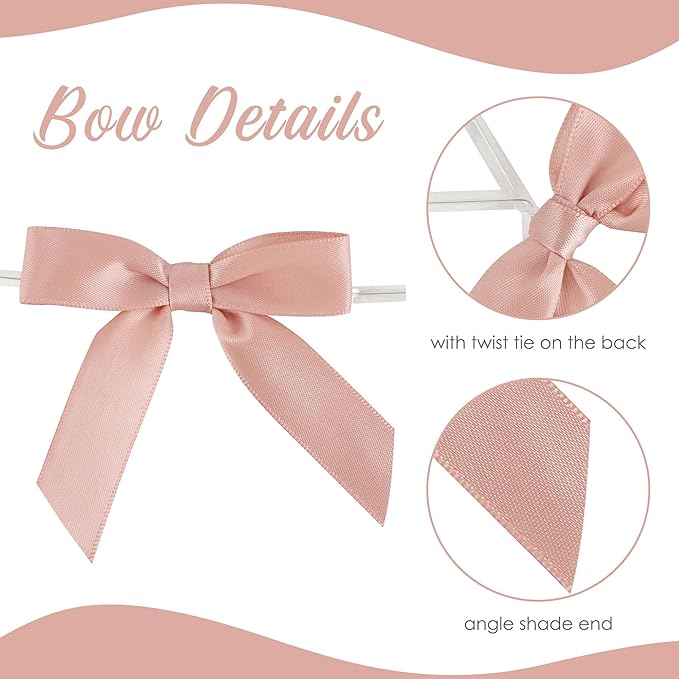 AIMUDI 5 Colors Dusty Rose Bows 2.5" Pink Satin Twist Tie Bows for Gift Wrapping Premade Satin Bows for Making Crafts Treat Bag Baby Shower Birthday Party Wedding Decoration, 50 PCs