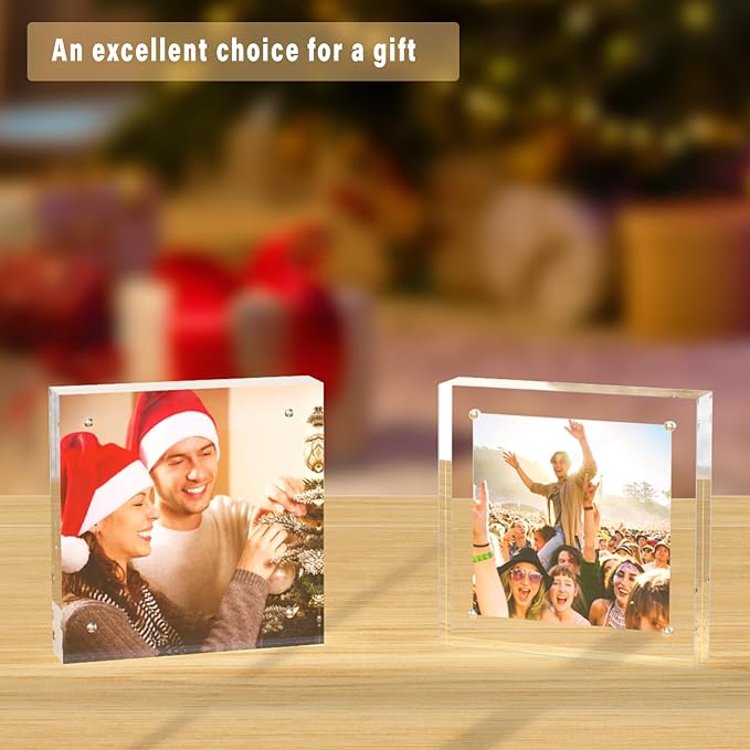 HELPLEX 3 Pack 5x5 Acrylic Picture Frames, 20mm Thicker Frameless Clear Double Sided Magnetic Frames, Free Standing Desktop Display Stands, 5x5