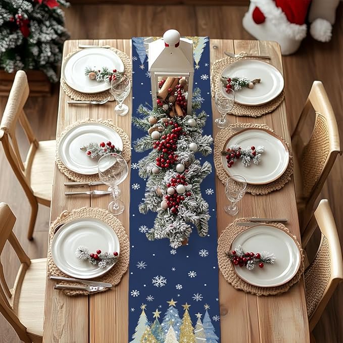 GEEORY Christmas Table Runner 13x48 Inch, Xmas Trees Snowflakes Holiday Decorative Farmhouse Table Decoration for Kitchen Dinning, Indoor Outdoor Dinner Party Decor (Blue) GT151-48