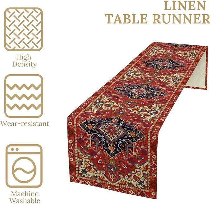 Boho Old French Table Runner, Vintage Red Beige Retro Flower Rustic Country Style Floral Print Pattern for Home Kitchen Table Decor Dining Coffee Room Garden Party Decor 13x108in