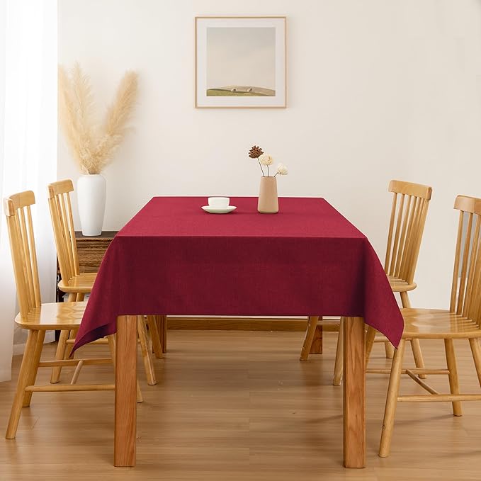 Hiasan Faux Linen Rectangle Tablecloth - Wrinkle and Stain Resistant Washable Table Cloth for Kitchen Dining Room Holiday Table Cover for Dinner, Red, 90 x 156 Inch