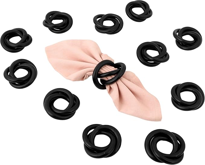 Three Ring Wooden Napkin Rings Set of 12 - Acacia Wood Interlocked Napkin Holder Cuffs for Dinner Table Décor - Rustic Modern Serviette Rings for Weddings, Parties, Receptions (Black) - CLEENTABLE