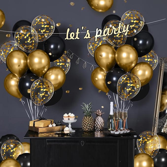 Black and Gold Balloons, 60pcs 12inch Black Metallic Gold Confetti Balloons for Graduation 2025 Anniversary Birthday Party Decorations