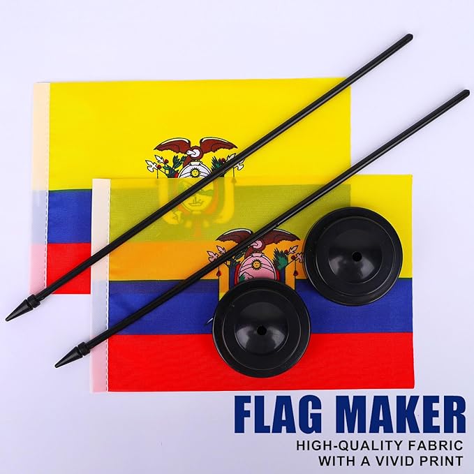 Ecuador Desk Flag 12" Solid Pole Deluxe Set Ecuadorians Flags Banner Mini Small Ecuador Office Table Flags with Black Stand Base Desktop Decorations(2Pack)