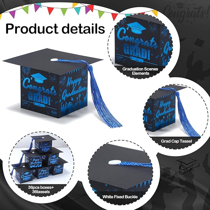 COTOPHER 36 Pack Mini Graduation Cap Gift Boxes with Tassel, Class of 2025 Graduation Candy Boxes Centerpieces for Tables Party Decorations, Small Treat Chocolate Box Graduate Favors Supplies
