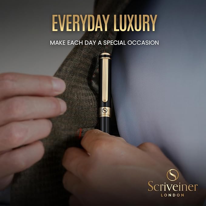 Scriveiner Black Lacquer Fountain Pen - Stunning Luxury Pen, Real Gold Finish, Schmidt Gilded Nib (Broad), Best Pen Gift Set for Men & Women, Professional, Executive, Office, Nice Pens
