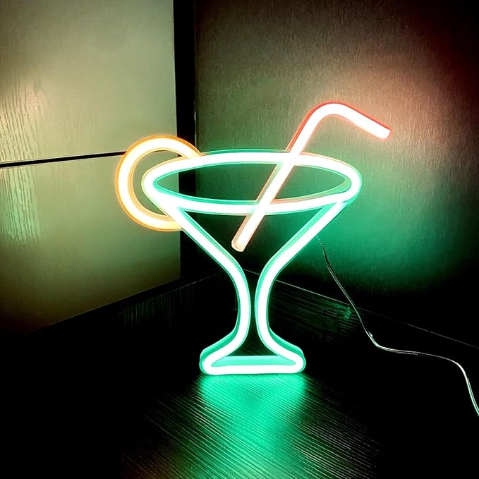 Led Green Cocktails Neon Sign,Wine Glass Neon Light Battery and USB Dual Powered Bar Neon Night Light Signs for Wall Decor,Cocktails Night Lamp for Bar, Club,Bar Cart Acessories Decor