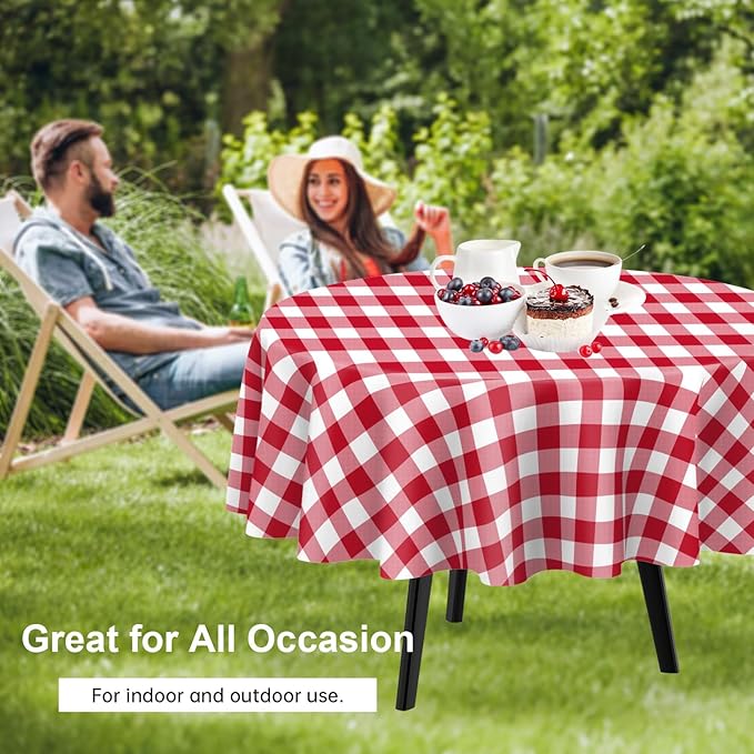 QIKSION Red Gingham Round Tablecloth 2 Pack, 84 Inch Plastic Checkered Table Cover Disposable for Parties