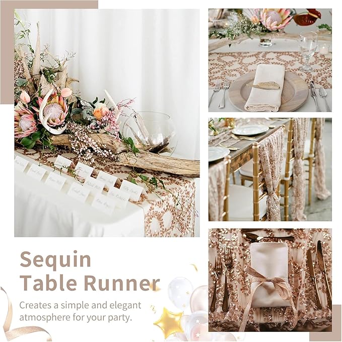 Sequin Table Runners 5 Pieces Rose Gold Flower Table Runners 12x72 Inch Glitter Dining Table Cover for Party Wedding Birthday Reception Banquet Decoration Spring Party Chair Sashes