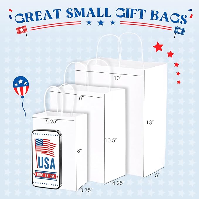MESHA Gift Paper Bags 300 PACK 8x4.25x10.5'' White Medium Shopping Kraft Bags Bulk with HandlesReusable for Business Grocery Birthday Wedding Kids Party Favors(Made in USA)
