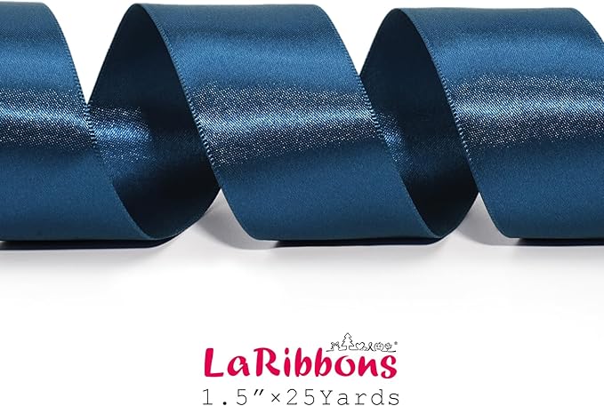 LaRibbons Navy Satin Ribbon 1 1/2 Inch 25 Yards Luxury Double Faced Blue Silk Ribbon for Flower Bouquet Crafts Gift Wrapping Wedding Party Graduation Decoration