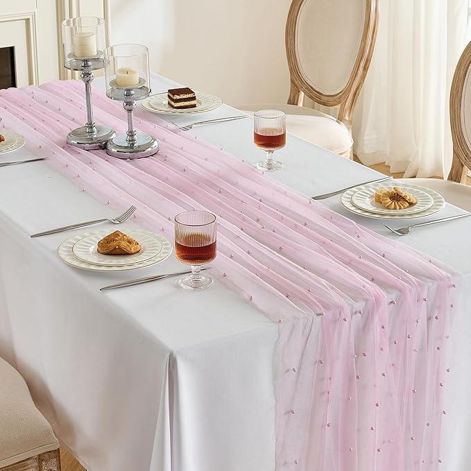 Fanami 6 Pack Pearl Table Runner -10FT Blush Pink Boho Tulle Table Runners 120 Inches Long Rustic Sheer Lace Fabric Centerpieces for Wedding Arch Birthday Party Bridal Veil Baby Shower Decorations