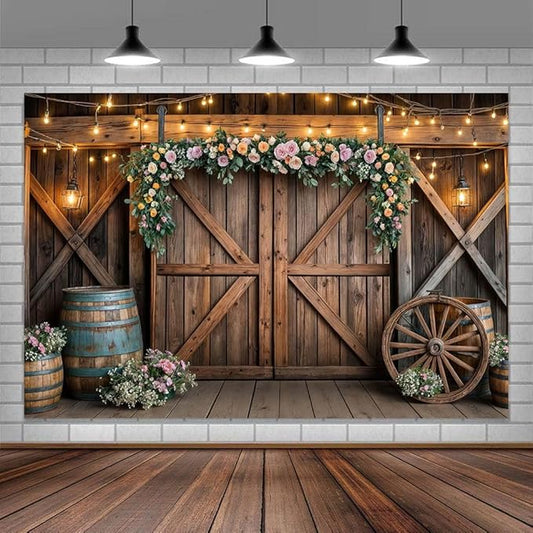 8x6ft Country Wedding Photography Backdrop Rustic Barn Door Photography Backdrop Farmhouse Pink Flower Cabin Wooden Birthday Baby Shower Wedding Bridal Party Banner Photo Booth Props Background