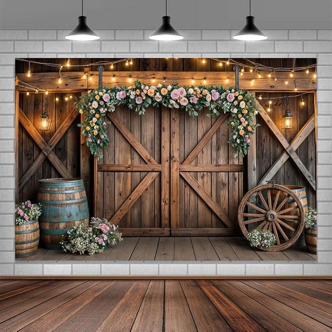 6x4ft Country Wedding Photography Backdrop Rustic Barn Door Photography Backdrop Farmhouse Pink Flower Cabin Wooden Birthday Baby Shower Wedding Bridal Party Banner Photo Booth Props Background