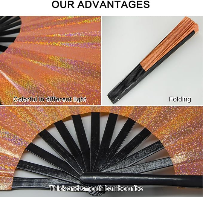 Large Rave Fan, Clack Folding Hand Fan with Premium Fabric, Thick Bamboo Frame for Men Women Gift for EDM, Festival, Club, Party, Dance, Decoration (Lridescent Orange, 13")