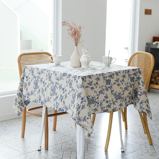 Pastoral Square Tablecloth - 60 x 60 Inch - Beige Linen Table Cloth - Washable Table Cover with Dust-Proof Wrinkle Resistant for Restaurant, Picnic, Indoor and Outdoor Dining, Floral (Dark Blue)