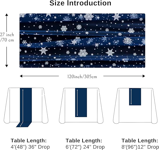 Snowkingdom Christmas Table Runner, Navy Blue Snowflake Cheesecloth Sheer Chiffon Gauze Table Runner, 120 Inch Seasonal Winter Holiday Kitchen Dining Decorations for New Year Home Party Decor