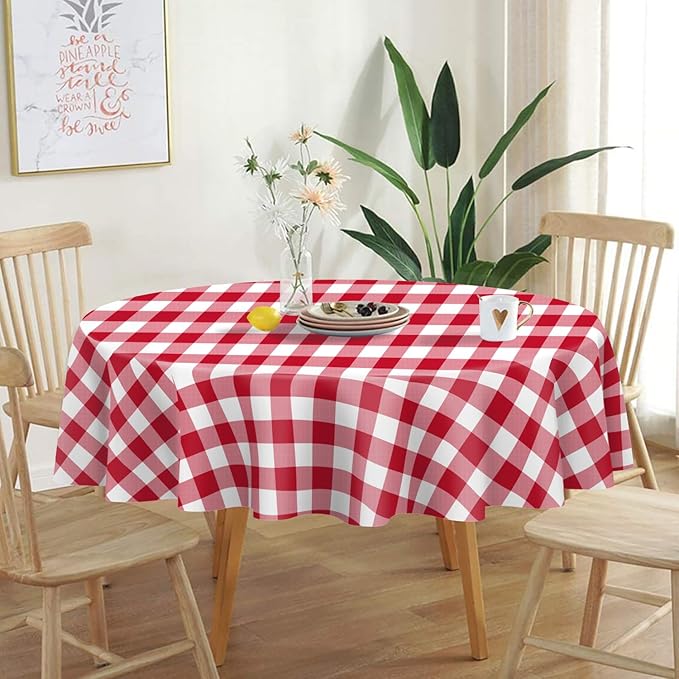QIKSION Red Gingham Round Tablecloth 3 Pack, 84 Inch Plastic Checkered Table Cover Disposable for Parties