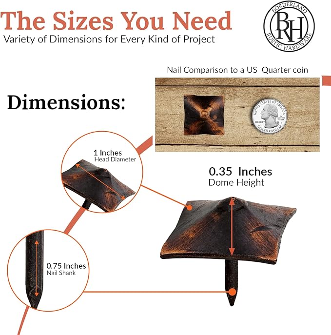 10 Pack 1" Square Head Iron Clavos Decorative Nails – Oil Rubbed Bronze – Handmade Rustic Square Fasteners for Farmhouse Shutters, Barn Doors, Shutters, and Gates – Ornamental Wood Accent