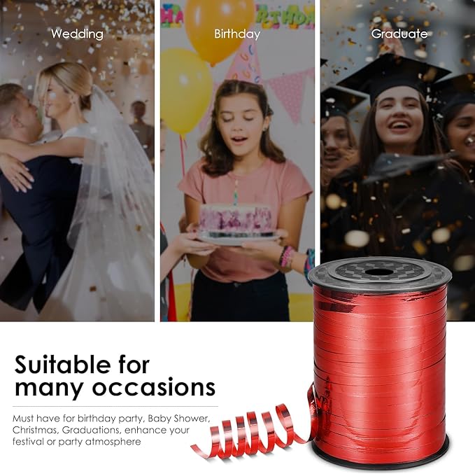Red Curling Ribbon, 500 Yard for Crafts, Shiny Metallic Iridescent Crimped for Gift Wrapping, Balloons String, Florist Flower (1 Roll)