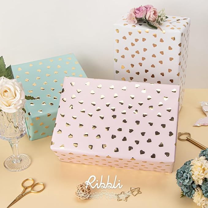 Ribbli Birthday Wrapping Paper Heart Foil Mini Roll Gift Wrap for Women Girls Anniversary Mother's Day Valentine’s Day Wedding 17 inch x 120 inch(10feet) Per Roll