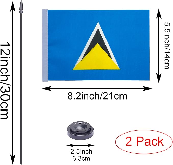 WXTWK 2 Pack Saint Lucia Flag Saint Lucia Deluxe Desk Flag Set - Mini Small Saint Lucia Table Office Flags with Black 12" Solid Pole Stand Base Classroom Meeting Desktop Decorations