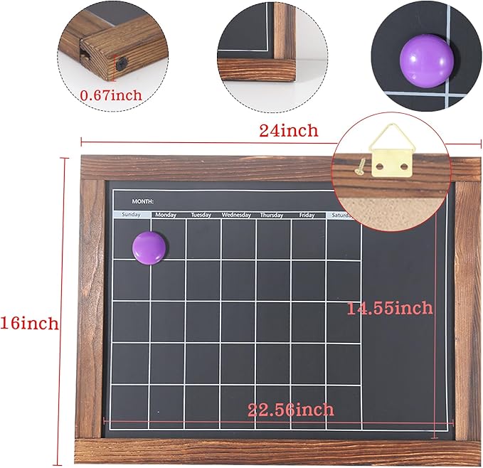 Magnetic Chalkboard Calendar for Wall Monthly Planner Board Wite Wood Frame Reusable Planning Blackboard for Record Daily Tasks List 16" x 24"