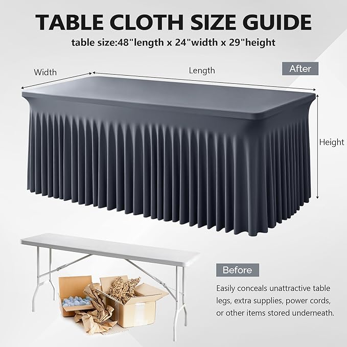 Wish Care 2 Pack Gray Spandex Table Clothes for 4 Foot Rectangle Tables, 4FT Wrinkle Free Fitted Tablecloths Ruffles Design Table Cover for Party, Banquet, Wedding and Events