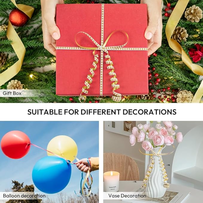 Square Pattern Glitter Curling Ribbon, 1/5" Wide x 500 Yards Christmas Curling Ribbons for Gift Wrapping, Party Decoration, Balloon String, Crafting, Balloon Ribbons for Florist Flower (1 Roll)
