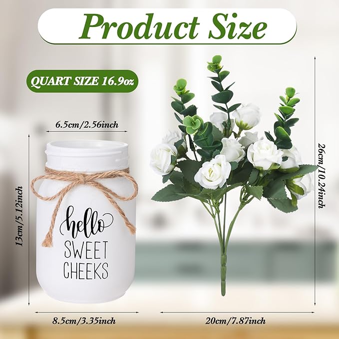 XunYee Farmhouse Bathroom Decor Hello Sweet Cheeks Sign Mason Jar with Flowers 16.9 oz White Mason Jar Centerpiece Table Rustic Decor for Restroom Bathroom Shelf Bridal Shower Kitchen