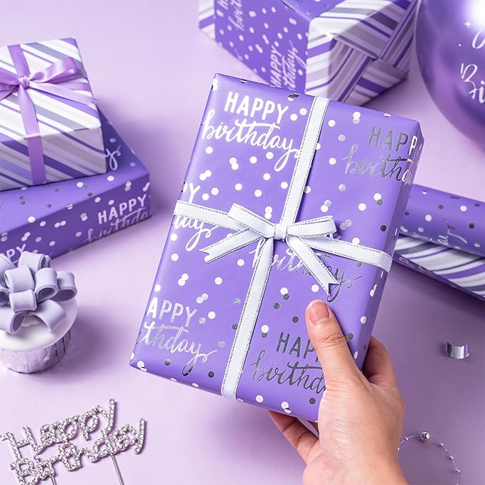 LeZakaa Purple Birthday Wrapping Paper Roll for Girls Women, Happy Birthday Lettering & Stripe Reversible, Metallic Foil, Large Roll, 30 inches x 32.8 Feet (92.9 sq.ft.)