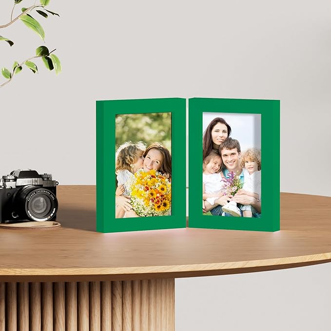 decorUhome Double 4x6 Picture Frame Vertical, Engineered Wood Bifold Photo Frame with Plexiglass for Tabletop Display, 4x6, Green
