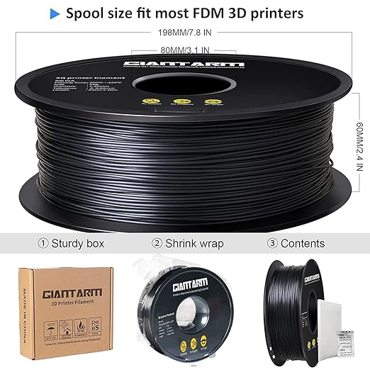 GIANTARM 3D Printer Filament, Silk Black Pla Filament, 1Kg(2.2lbs) Spool, 1.75mm Dimension Accuracy +/- 0.03mm, 3D Printing Filament