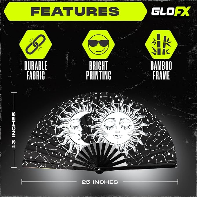GloFX Rave Sun & Moon - Large Folding Fan - Music Festival Essential, EDM Rave Accessories, Folding Hand Fan, Clack Fan