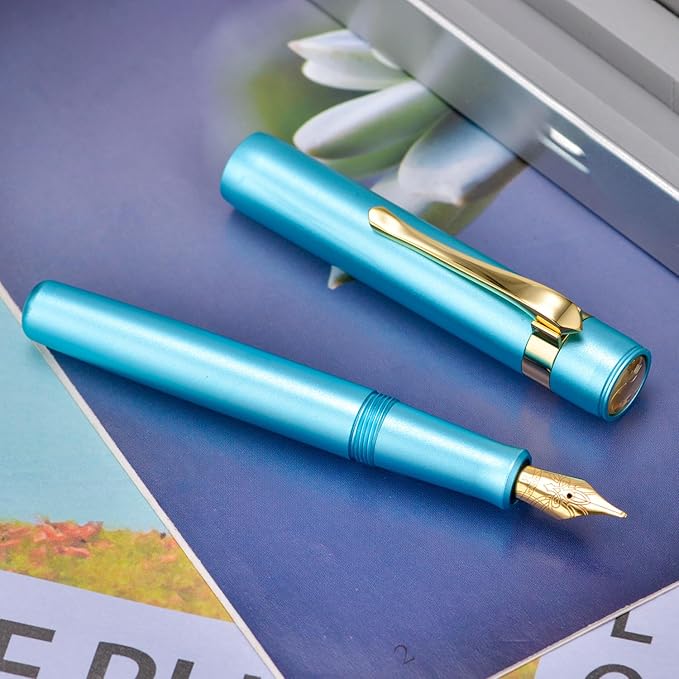 HONG DIAN M2 Black Forest Mini Fountain Pen, Fine Soft Nib & Sleek Shape Aluminium Short Pocket Travel Pen (Lake Blue)