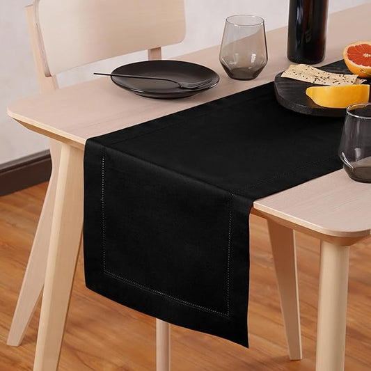 Black Table Runner 72 Inch – Cotton Linen Hemstitch Farmhouse Table Runner 14x72– Washable Fabric for Dining, Fall, Halloween, Thanksgiving, Spring, Summer, Wedding, Everyday Décor – Serena