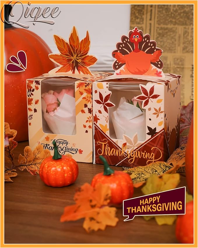 qiqee Thanksgiving Individual Cupcake Boxes Cupcake Holders Disposable 60pcs Single Cupcake Boxes with Window 3.7x3.7x4.5 inch Cupcake Containers For Thanksgiving