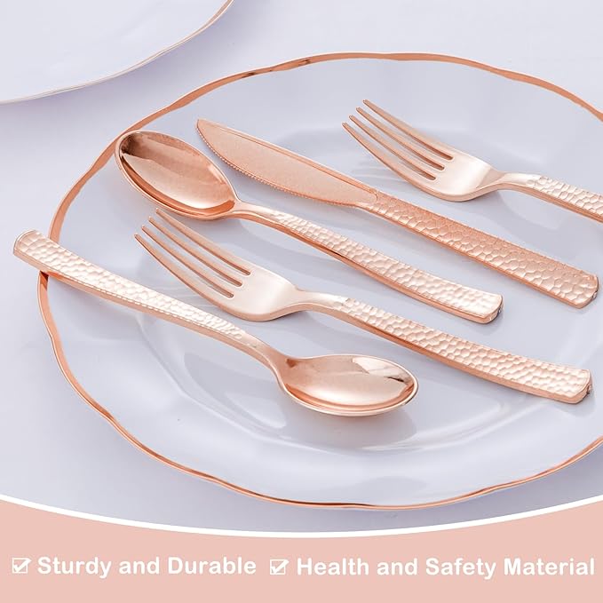 Supernal 180pcs Rose Gold Plastic Silverware Heavy Duty Plastic Forks and Spoons, Rose Gold Disposable Silverware Sets Include 60 Forks, 60 Knives and 60 Spoons Suitable for Wedding, Party, Birthday