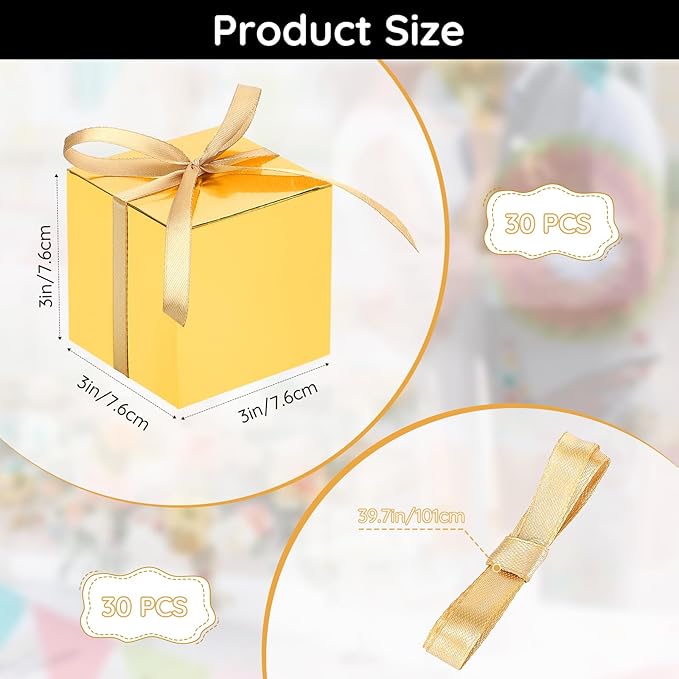 EUSOAR Small Gift Boxes with Lids, 30pcs 3x3x3 Inches Gold Boxes Small Treat Box with Ribbons, Cube Candy Box Mini Muffins Macaron Container for Wedding Birthday Party Advent Calendar DIY Supplies