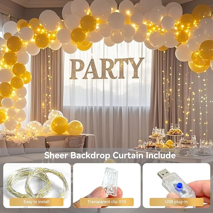 10×10ft Tulle Backdrop Curtains with Lights String - 300LED Fairy Lights Sheer Curtain Backdrop for Weddings Baby Shower and Birthday Party Decorations(6 Panels 5×10ft)