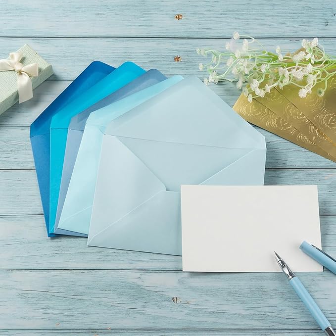 50 Pack Colored A7 Invitation Envelopes 5x7 with Gold Stickers for Cards and Invitations, 5 Colors (Blue, 5 1/4 x 7 1/4 inches)