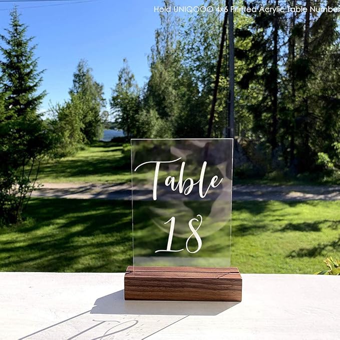 UNIQOOO 10 Pack Rustic Acrylic Sign Holders | Walnut Wood Table Numbers Display Stands | Place Card Holder, Perfect for Retail Shop Wedding Party Events Decoration