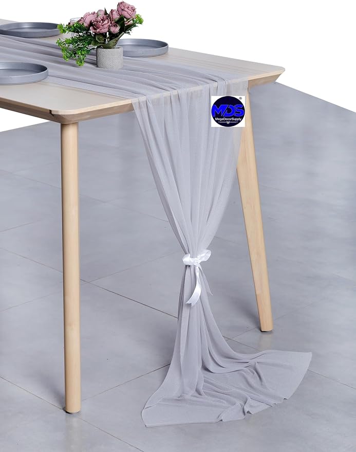 MDS 25 Pack 10ft Chiffon Table Runner 29 x 120 Inches Sheer Wedding Runner Romantic Rustic Table Runner for Wedding Decorations, Birthday Parties, Bridal Shower Party Arch Decor - Cool Gray