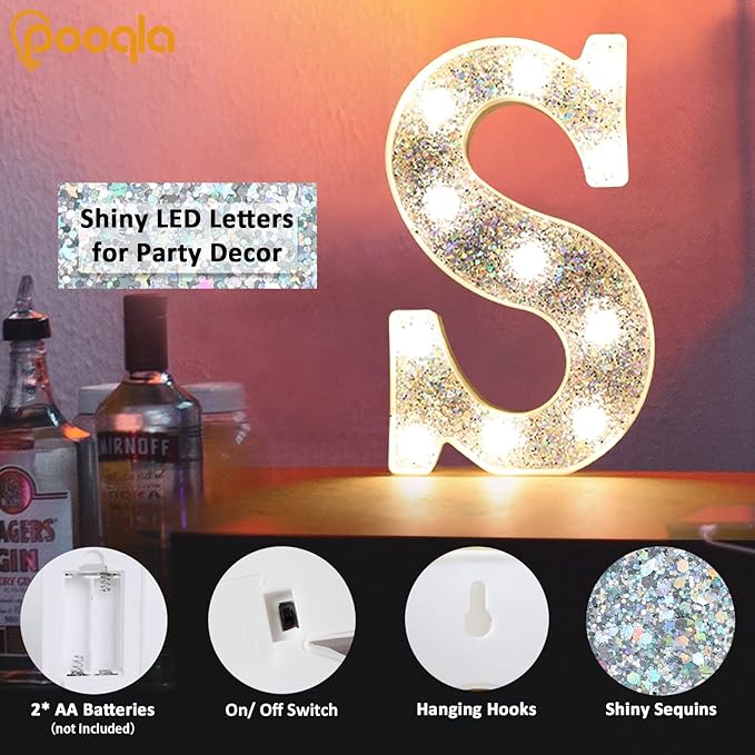 Pooqla Light Up Letters, LED Marquee Letters for Silver Birthday Decorations, Battery Powered Night Light Teenager Girl Room Decor, Gift for Girls Boys Wedding Bedroom Christmas Party Decor, Letter T